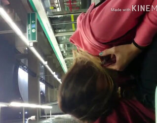 Fledgling platinum-blonde gf fellating salami in subway